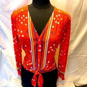 Maeve Elan Scarf Print Polka Dot Tie Front Blouse Orange Anthropologie